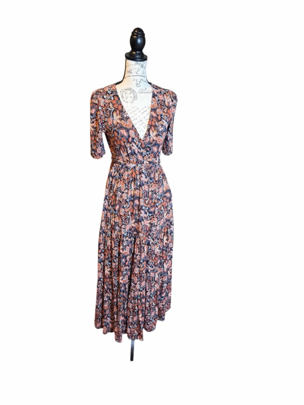 Boden Floral Wrap Dress Midi Navy Orange V Neck Tie Waist Size 6